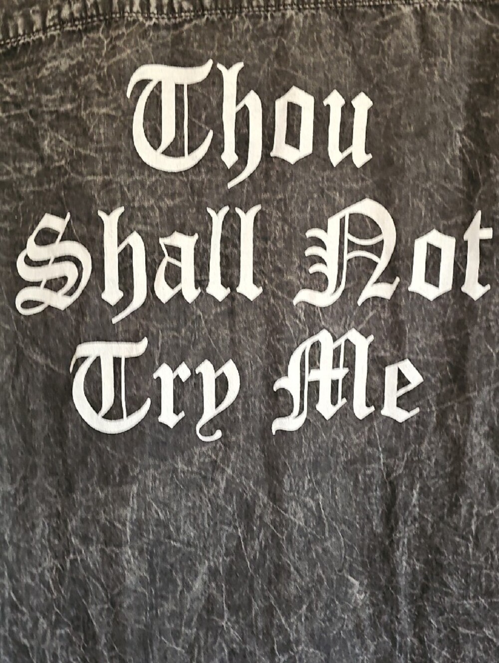 Thill Jeans Thou Shall Not Try Me Sarcastic Graphic Acid Wash Button-Up Top - Picture 8 of 15